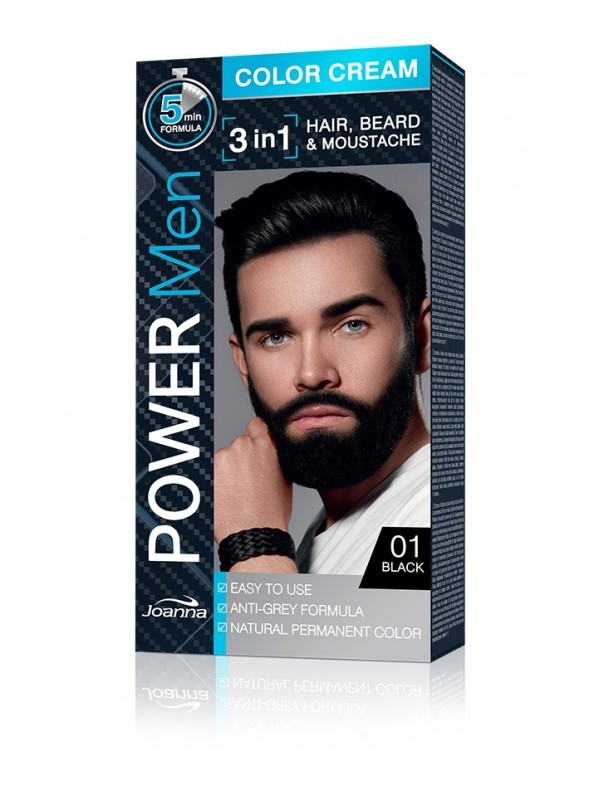 Joanna Power Men Cream Color 3in1 - чоловіча фарба для волосся, бороди та вусів - /01/ Black