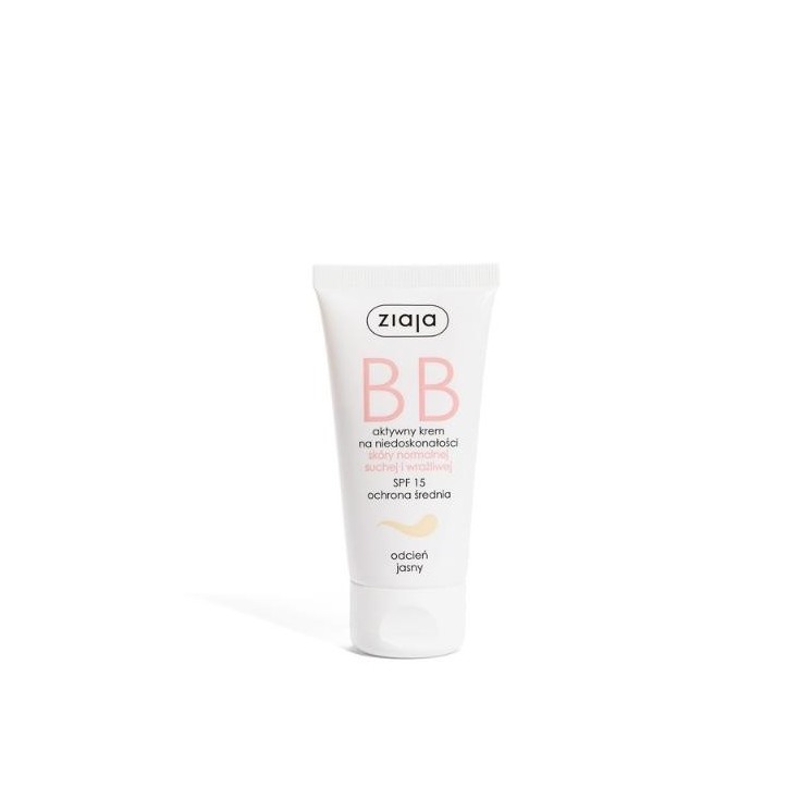 Ziaja BB Crème Visage Active Anti-Imperfections pour Peaux Normales, Sèches et Sensibles SPF15 Teinte Claire 50 ml