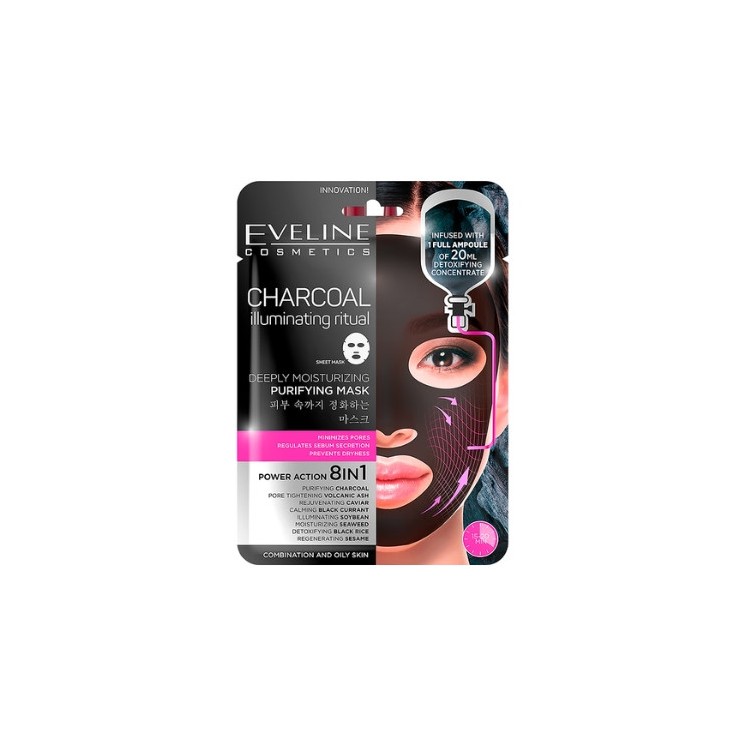 Eveline Charcoal 8in1 Cleansing face mask in a sheet, 1 piece