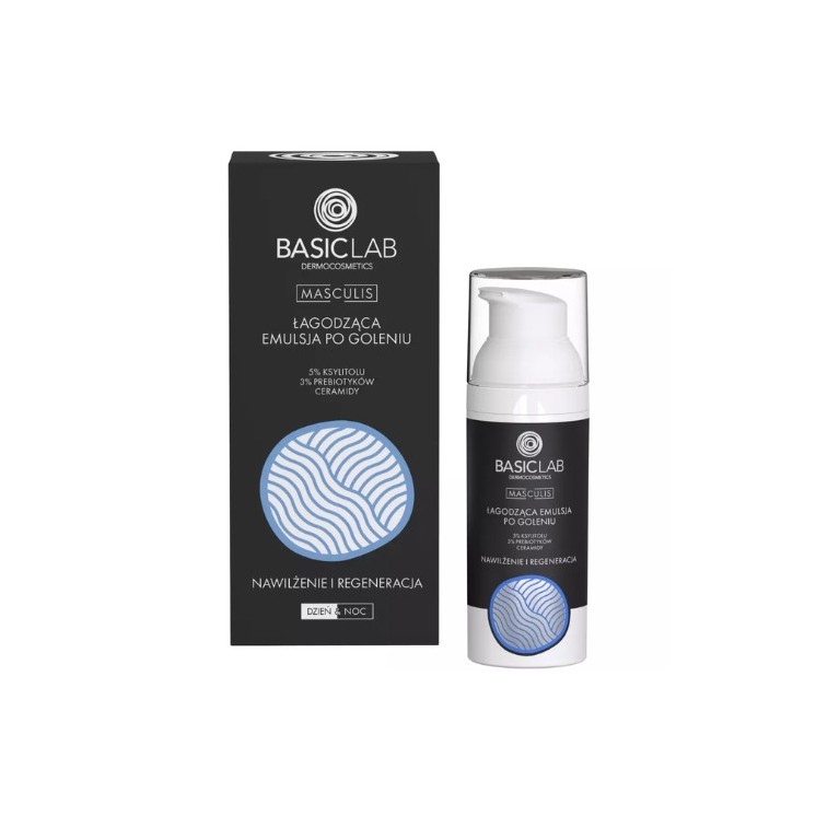 BasicLab Masculis beruhigende Aftershave-Emulsion Feuchtigkeitsspendend und regenerierend 5 % Xylitol und 3 % Präbiotika 50 ml