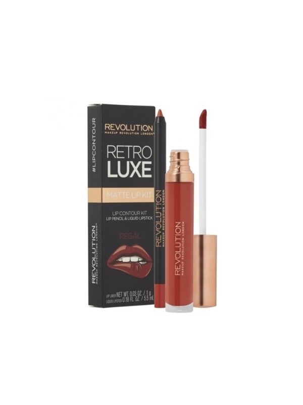 Makeup Revolution Retro Luxe Matte Kit Zestaw do makijażu ust Regal: Błyszczyk 5,5 ml + Kredka do ust 1 g