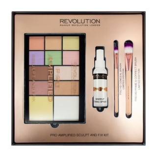 Makeup Revolution Amplified Sculpt and Fix Kit Gift Set: 12 Eye Shadow Palette, Makeup Fixer and Makeup Brushes