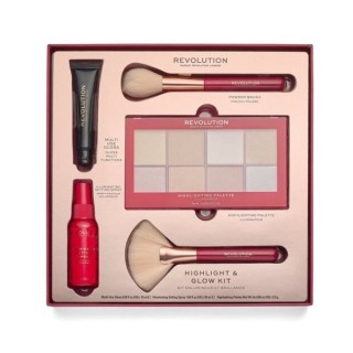 Revolution Highlight Glow Kit: Palette mit 8 Textmarkern, Fixierspray, Lipgloss und 2 Make-up-Pinseln