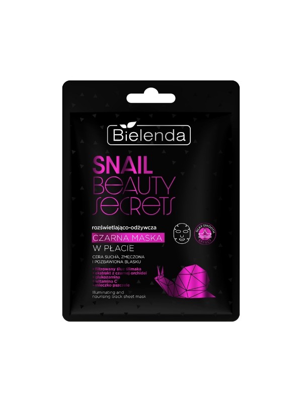 Bielenda SNAIL BEAUTY SECRETS Aufhellende und pflegende schwarze Blattmaske mit gefiltertem Schneckenschleim, 1 Stück