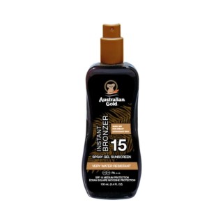 Das Australian Gold SPF Spray-Gel mit Bronzer schützt vor UVA/UVB-Strahlung, si schnell ein, spendet Feuchtigkeit und verstärkt 