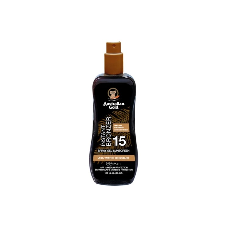 Спрей-гель Australian Gold SPF з бронзатором захищає від UVA/UVB випромінювання, швидко si , зволожує та посилює ефект темнішої 