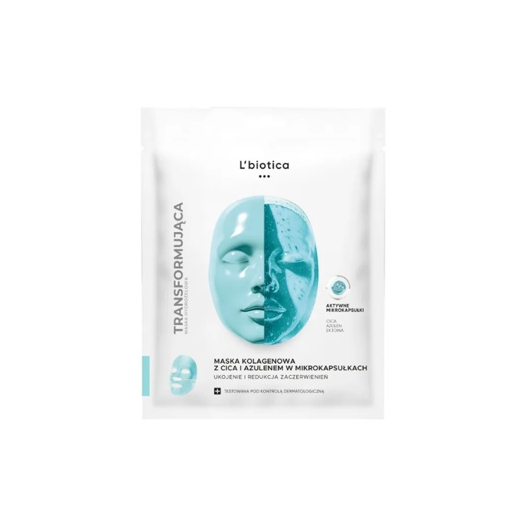 Masque visage en tissu au collagène apaisant et anti-rougeurs L'Biotica avec Cica 1 pièce.